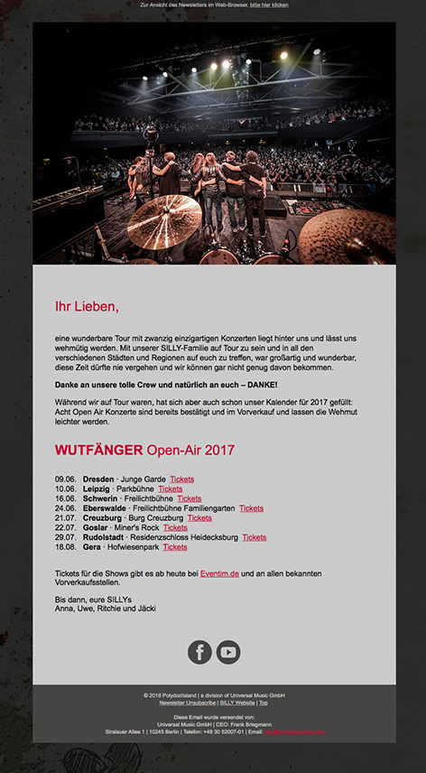 Newsletter SILLY / Ausblick auf die WUTFÄNGER-Tour 2017